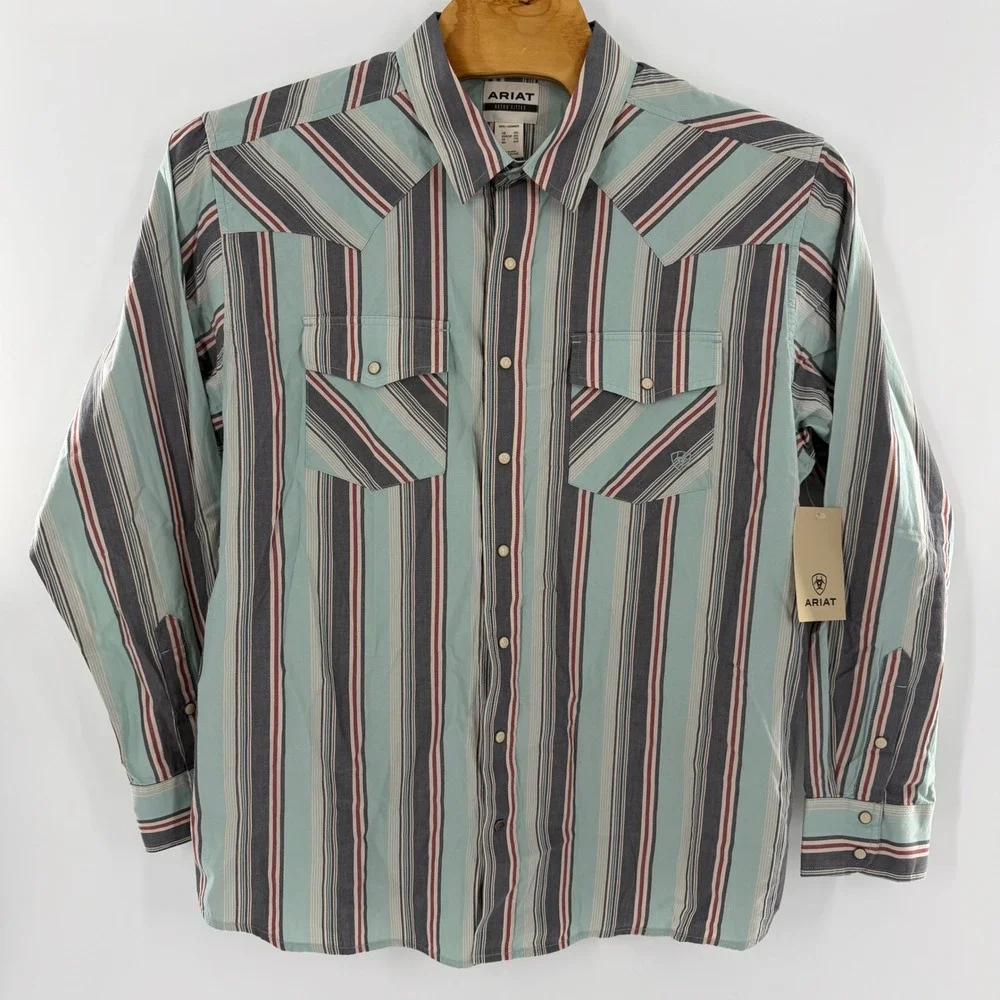 Ariat Retro Fitted Mens XXL Blue Striped Western Pearl Snap Shirt LS NWT